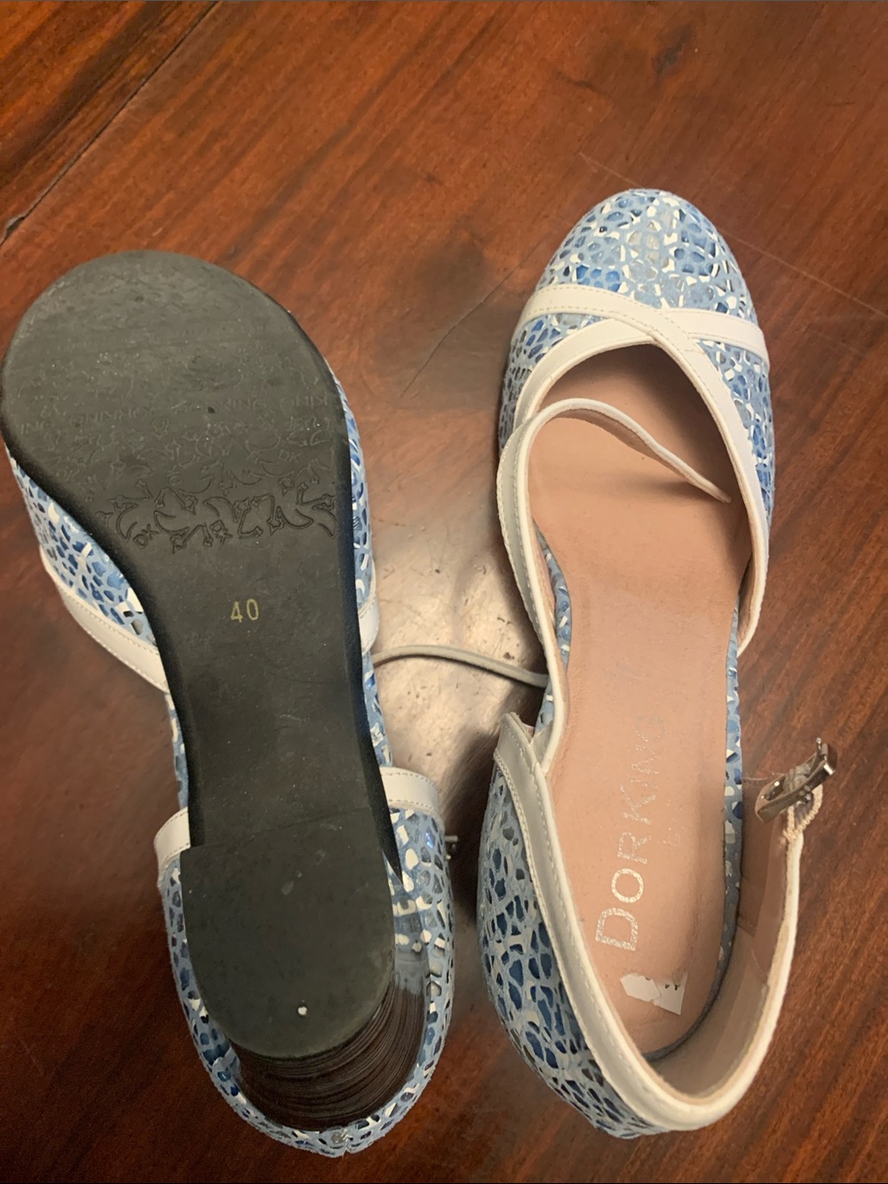 Dorking Blue & White Lace-Accent Women's Flats with Ankle Strap
